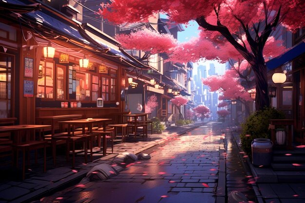 obraz japońskiej ulicy z różowym drzewem w środku