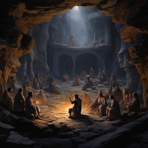 obraz jaskini z człowiekiem wskazującym na światło