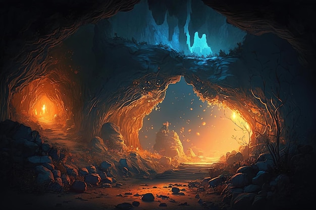 Obraz jaskini z niebieskim światłem i niebieskim światłem