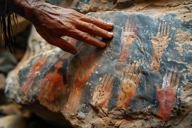 obraz jaskiniowy ręka rdzennej osoby dotyka starożytnego kamienia z wieloma palmami przedstawionymi na nim