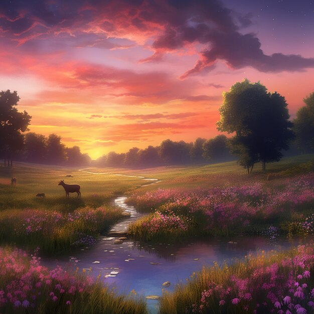 Obraz jelenia na polu z zachodem słońca w tle.
