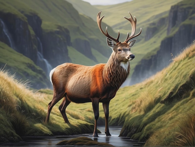 obraz jelenia stojącego w strumieniu w górskiej dolinie