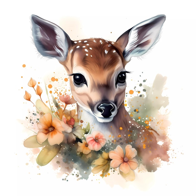 Obraz jelenia z kwiatami i liśćmi.