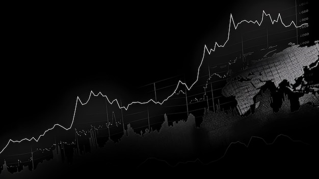 Obraz jest na czarnym tle z świecącym białym wykresem giełdy i mapą świata.
