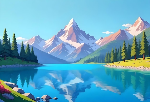 obraz jeziora z górami i drzewami na tle