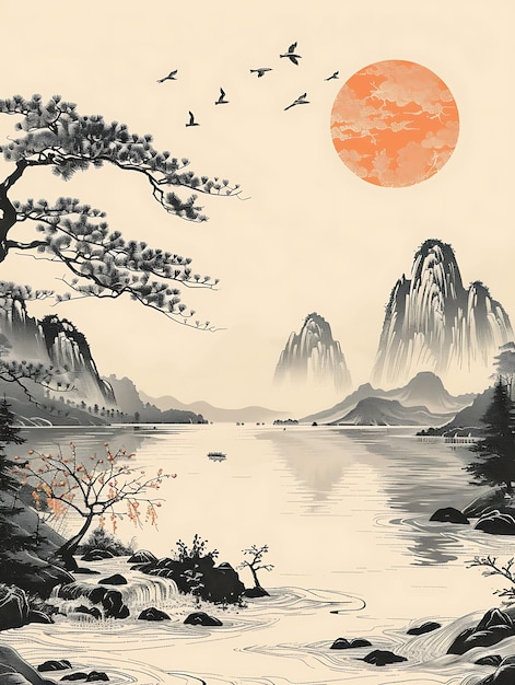 Obraz Jeziora Z Pełnym Księżycem I Drzewami Na Tle