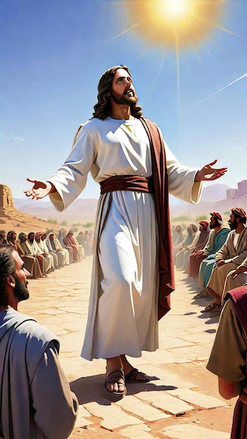 obraz Jezusa Chrystusa z otwartymi ramionami na szczycie góry i w tle promienie pochodzące z