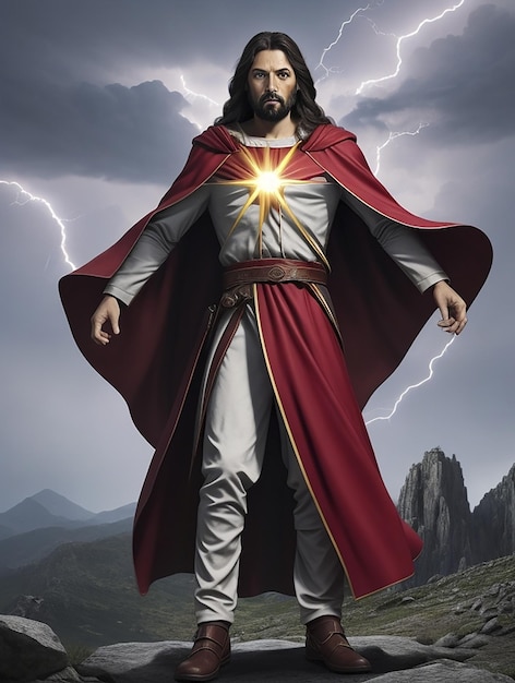 obraz Jezusa Chrystusa z otwartymi ramionami na szczycie góry i w tle promienie pochodzące z