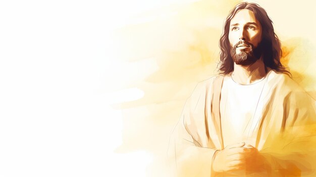 Zdjęcie obraz jezusa stojącego przed żółtym tłem