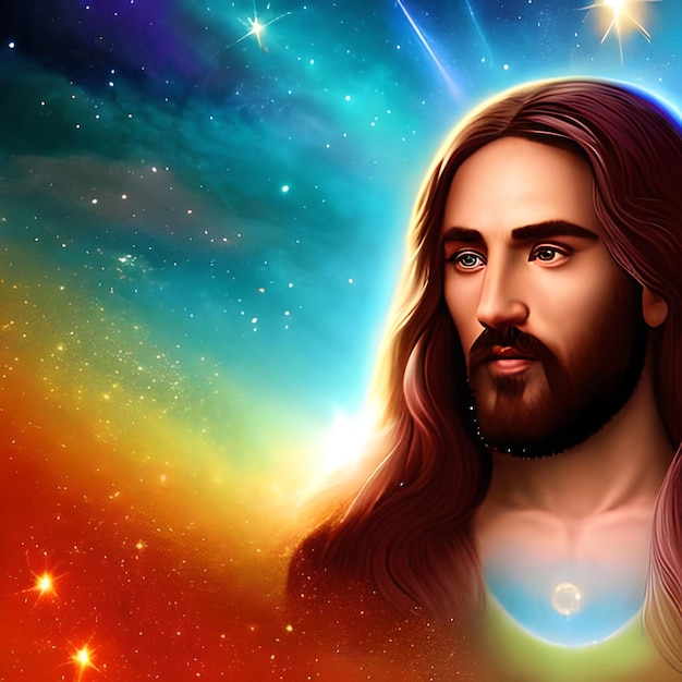 Zdjęcie obraz jezusa z niebieskim tłem i gwiazdą w tle.