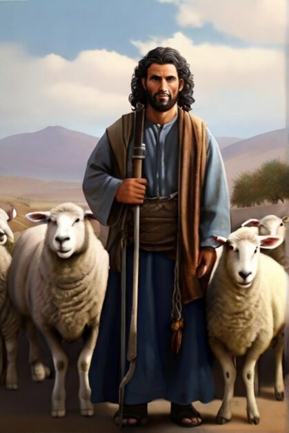 Zdjęcie obraz jezusa z owcą na tle