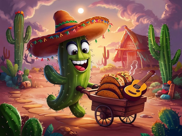 Obraz kaktusa w Meksykańskim kapeluszu popychającego mały wózek z tacosami i gitarą