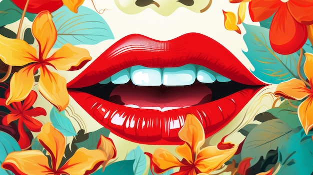 Obraz kobiecych ust i kwiatów