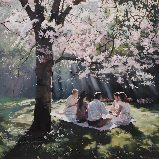 Obraz kobiet siedzących pod drzewem, a słońce świeci przez drzewa