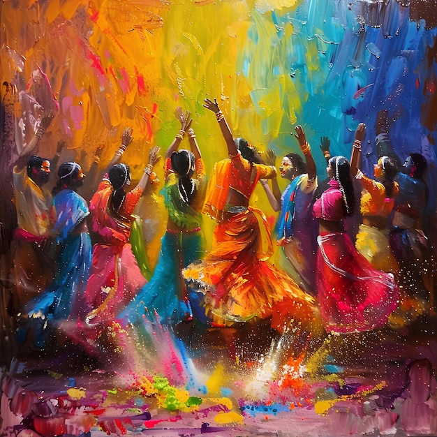 obraz kobiet tańczących w kolorowych sukniach