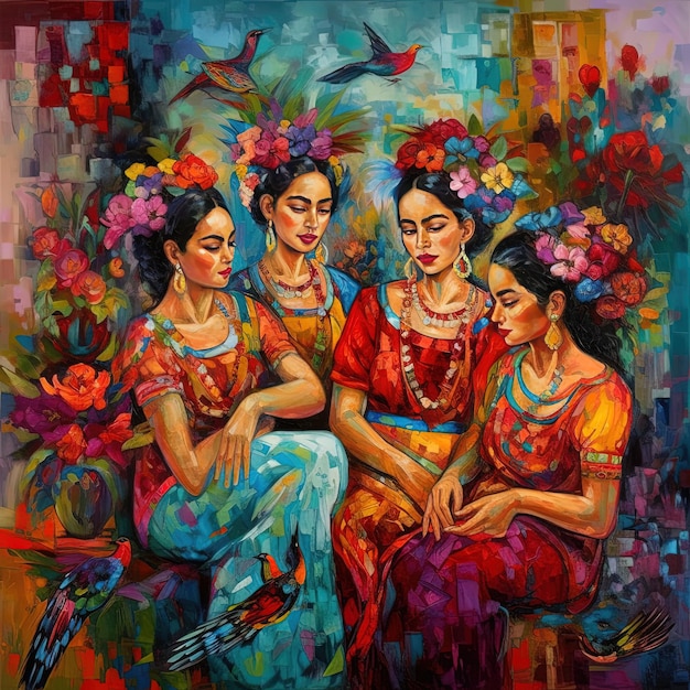 Obraz kobiet w kolorowych ubraniach z kwiatami na tle.
