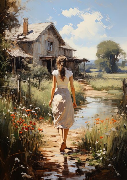 obraz kobiety idącej przed rzeką z domem na tle