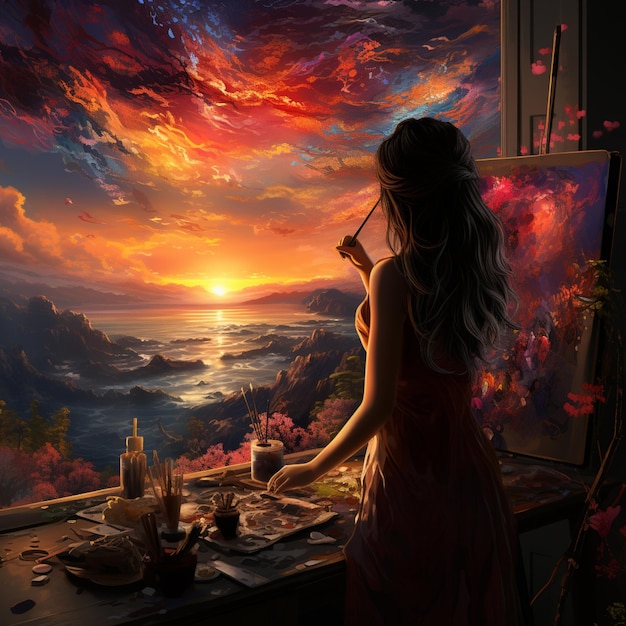 Zdjęcie obraz kobiety malującej zachód słońca na sztalupie generatywnym ai