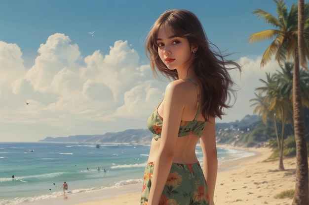 obraz kobiety na plaży z oceanem na tle