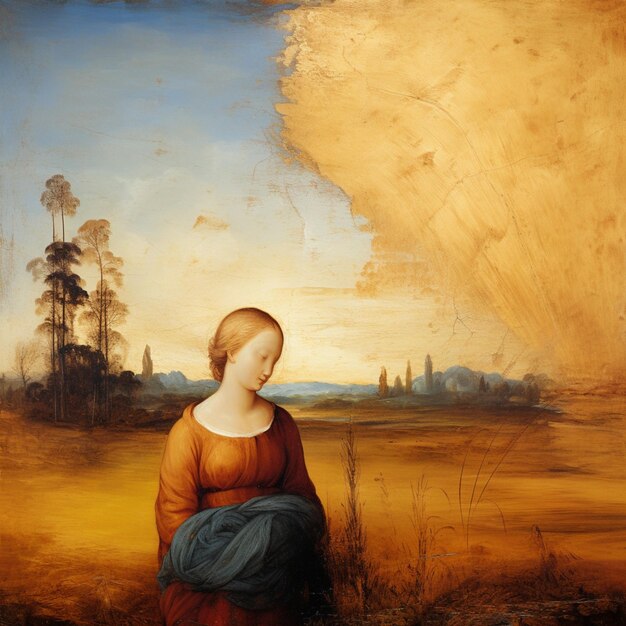 Zdjęcie obraz kobiety siedzącej na polu z tłem niebieskim generatywny ai