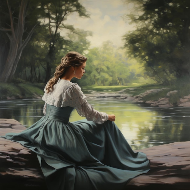 obraz kobiety siedzącej na skale nad rzeką