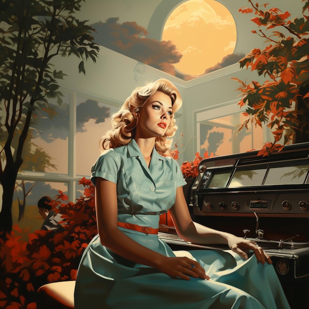 obraz kobiety siedzącej przy fortepianie w pokoju z generatywną ai w pełni księżyca