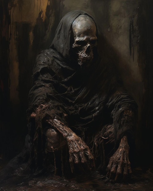 obraz kobiety siedzącej w ciemnym pokoju z czaszką na plecach