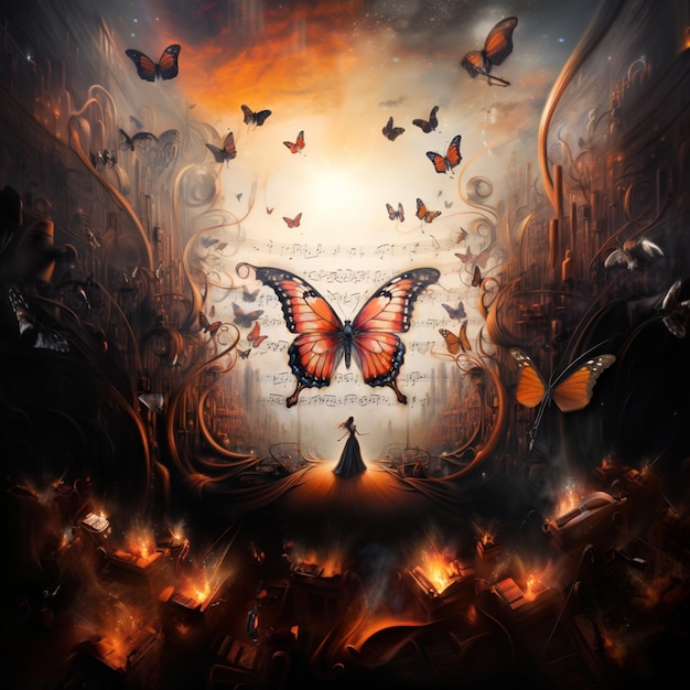 obraz kobiety stojącej w ciemnym pokoju z motylami latającymi wokół generatywnej sztucznej inteligencji