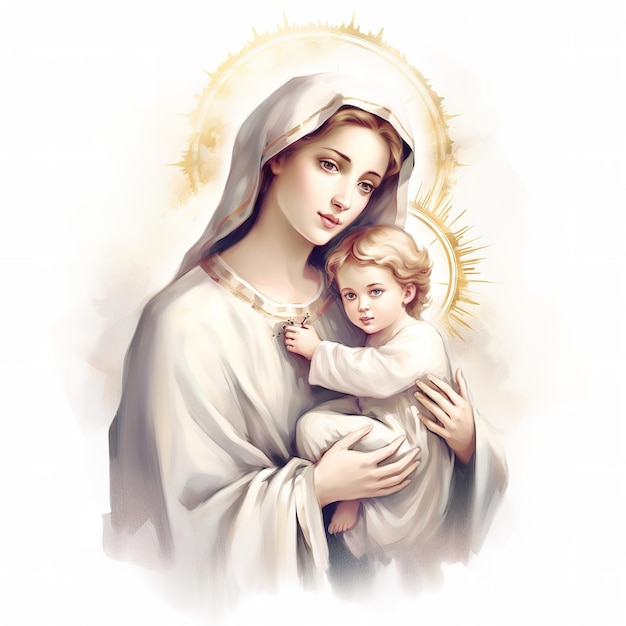 Obraz kobiety trzymającej dziecko z napisem „jezus” na twarzy.
