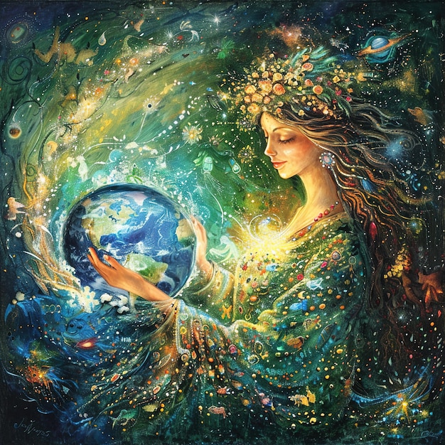 Obraz kobiety trzymającej glob z światem wokół niej