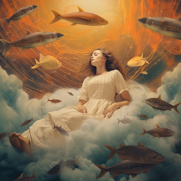 obraz kobiety w chmurach z rybami pływającymi w wodzie