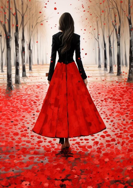 Zdjęcie obraz kobiety w czerwonej sukience idącej przez las generatywny ai