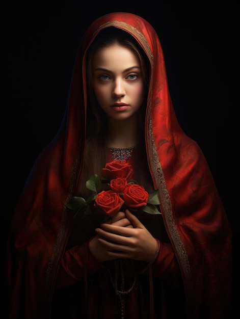 Zdjęcie obraz kobiety w czerwonym płaszczu trzymającej róże