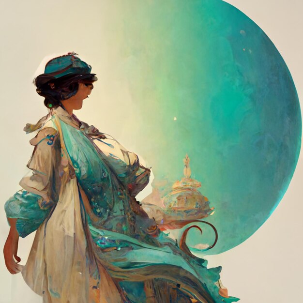 obraz kobiety w niebieskiej sukience i kapeluszu z niebieskim księżycem na tle generatywny ai