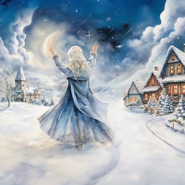 Obraz kobiety w niebieskiej sukience idącej po śniegu generatywny ai
