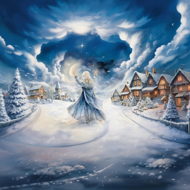 Obraz kobiety w niebieskiej sukience idącej po śnieżnej wiosce generatywny ai