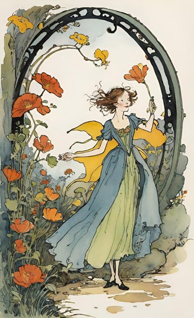 obraz kobiety w ogrodzie z kwiatami i motylami