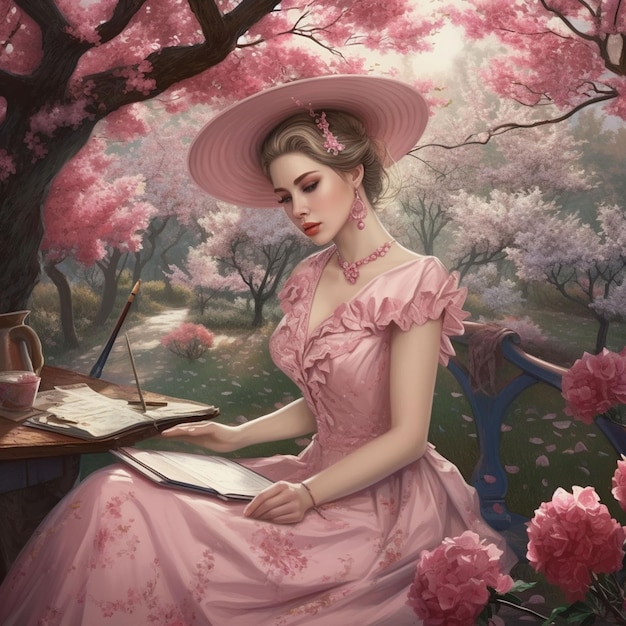 Obraz kobiety w różowej sukience z dużym kapeluszem siedzi na ławce przed różowym drzewem z różowymi kwiatami.