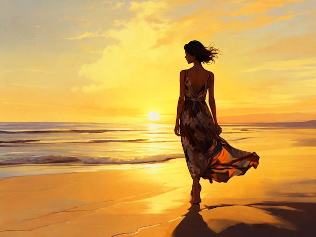 obraz kobiety w sukience na plaży z zachodzącym za nią słońcem