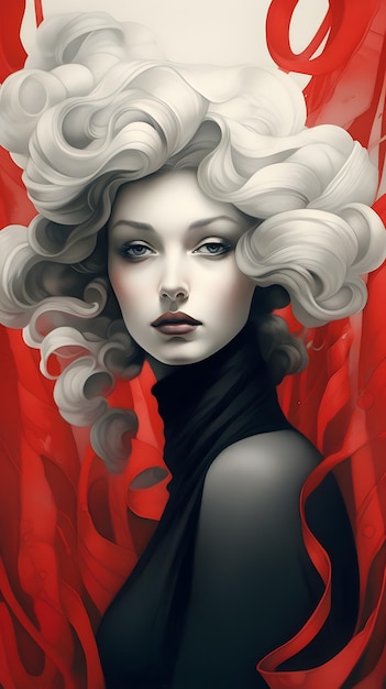 Obraz kobiety z długimi blond włosami i czerwonym tłem.