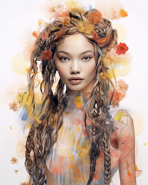 Zdjęcie obraz kobiety z długimi włosami i kolorowym kwiatem we włosach.