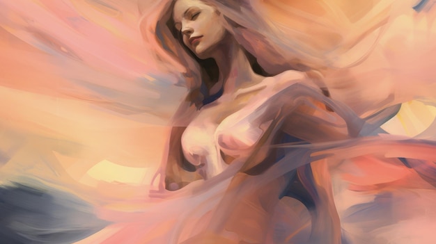 Obraz kobiety z długimi włosami i różowo-żółtym niebem.