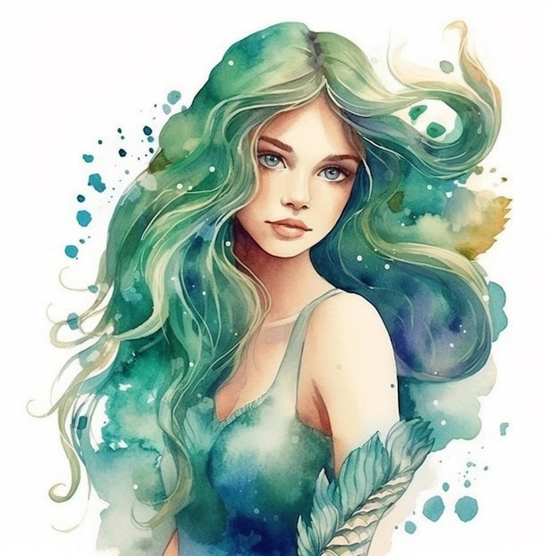 Obraz kobiety z długimi zielonymi włosami i generatywną ai rybiego ogona
