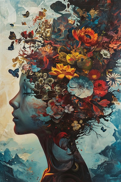 obraz kobiety z dużą głową kwiatów i motyli generatywny ai