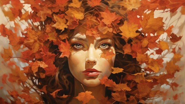 Obraz kobiety z jesiennymi liśćmi