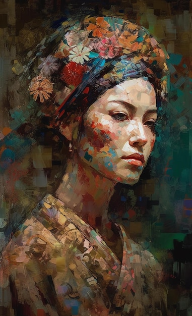 obraz kobiety z kolorowym chustem na głowie i kwiatowym kapeluszem generatywny ai