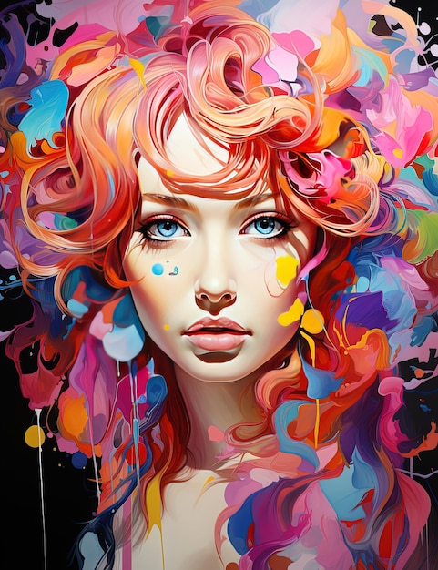 obraz kobiety z kolorowymi włosami i kolorowymi kwiatami