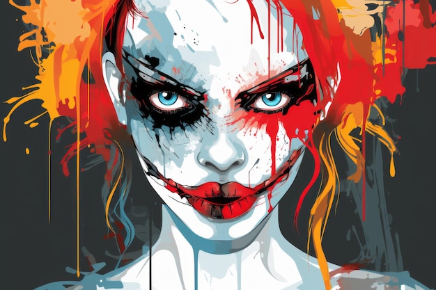 Obraz kobiety z krwawymi plamami na twarzy.