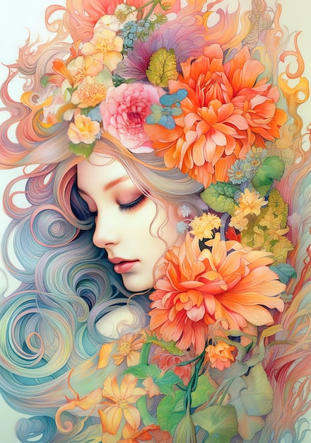 Obraz kobiety z kwiatami w włosach.