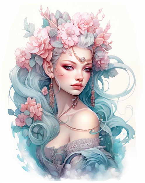 Zdjęcie obraz kobiety z niebieskimi włosami i kwiatami w jej włosach generatywny ai